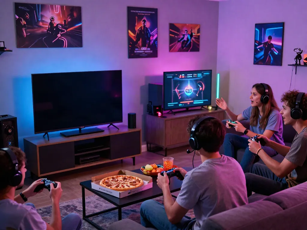 Engaging gaming night with friends enjoying kilat404 multiplayer experience in a vibrant living room.
