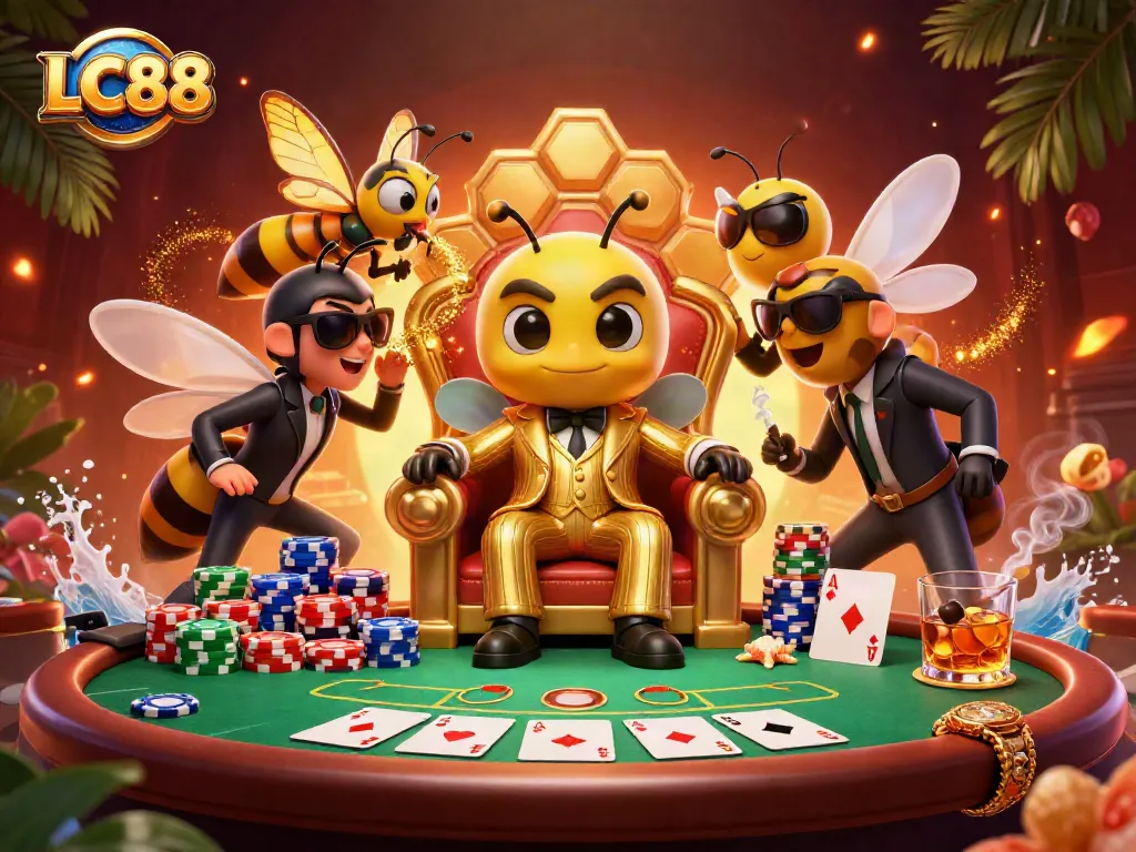 Experience the thrills of LC88 at a vibrant poker scene with a confident bumblebee boss and elaborate gaming elements.