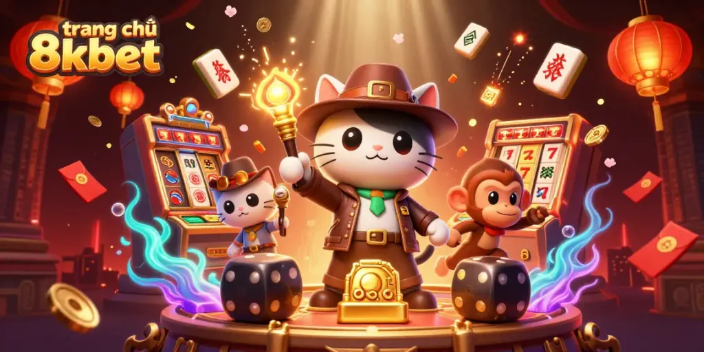 Engage in thrilling casino adventures with trang chủ 8xbet as cartoon archaeologist cat discovers golden treasures in a vibrant scene.