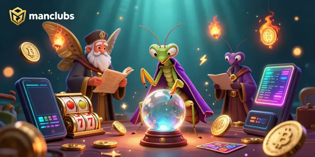 Experience winning moments at manclubs with a vibrant 3D casino scene featuring a cartoon fortune teller and slot reels.