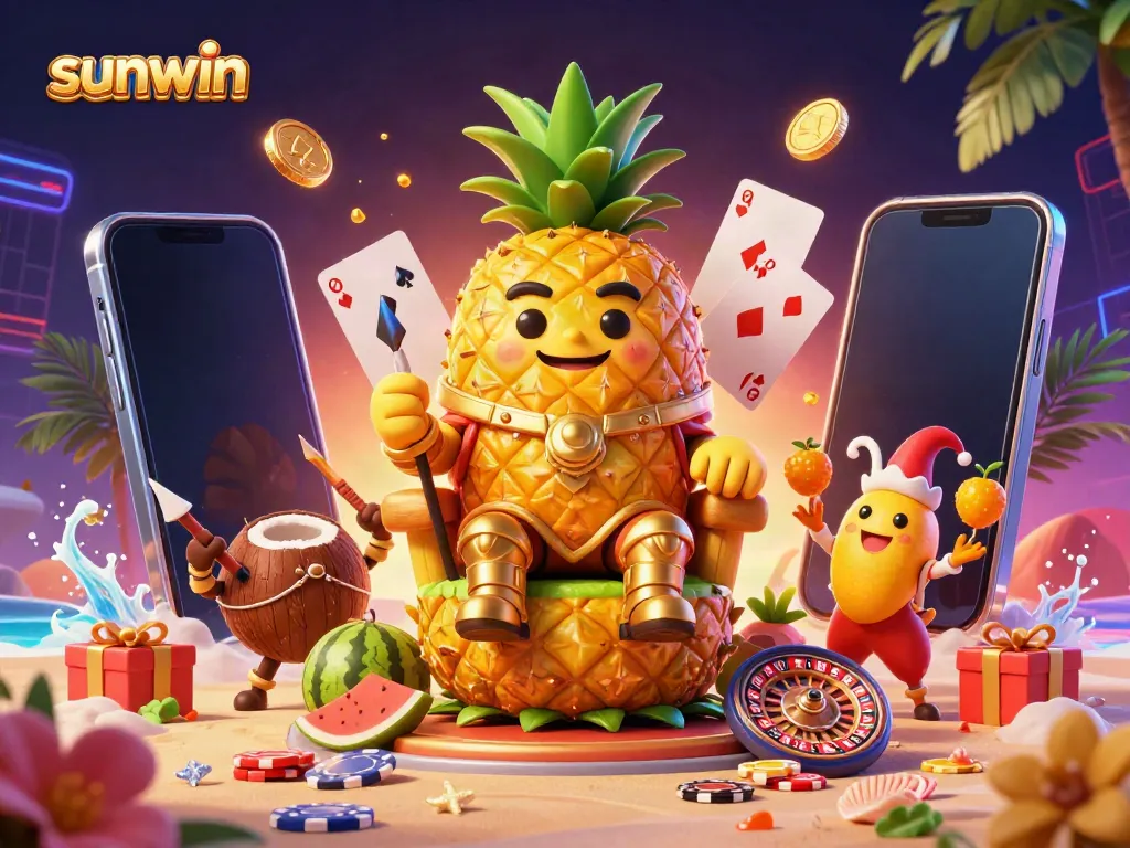 Experience thrilling wins at sunwin through a dynamic illustration of the golden pineapple king in a vibrant casino setting.