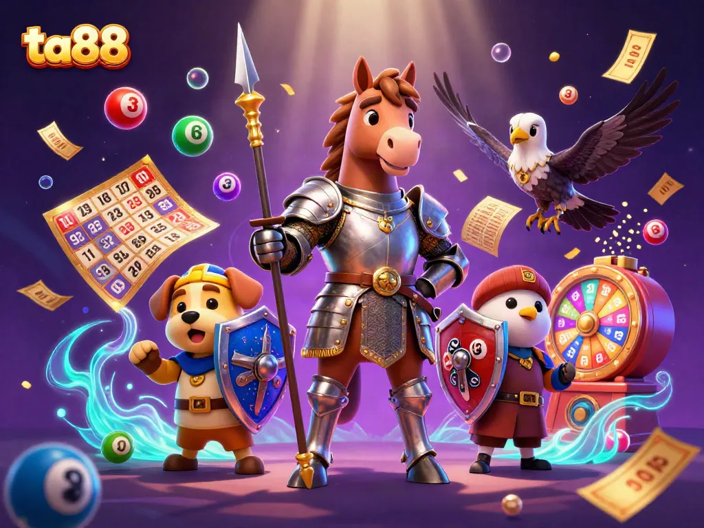 Experience the thrilling atmosphere of ta88 with a knight and puppy amidst vibrant gambling elements.