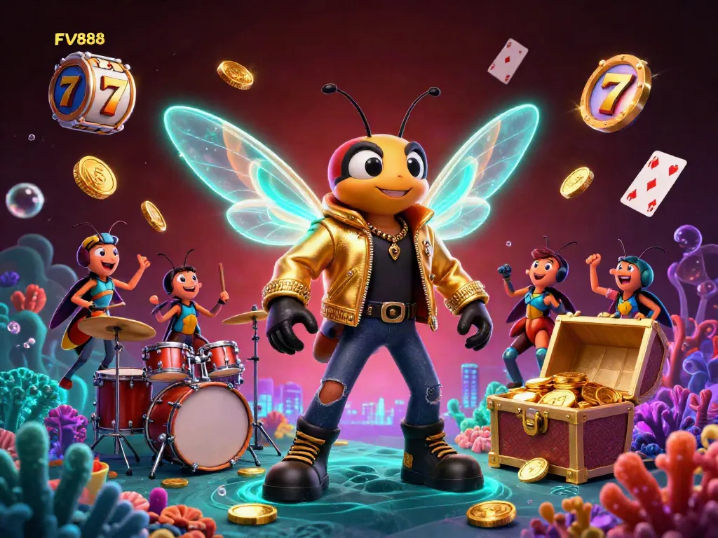 Spin to win with FV888's exciting 3D casino scene featuring a cicada rock star and vibrant game elements.