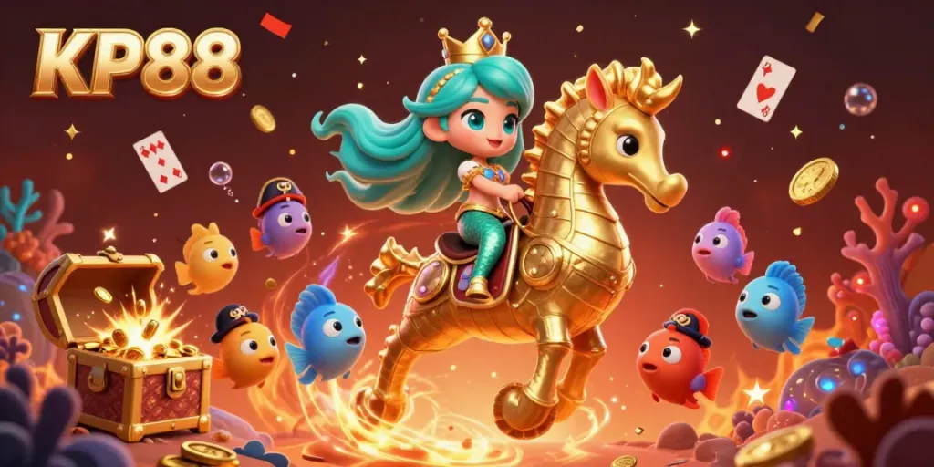 Engage with the enchanting KP88 underwater casino world, where a mermaid princess rides a golden seahorse amidst treasure.