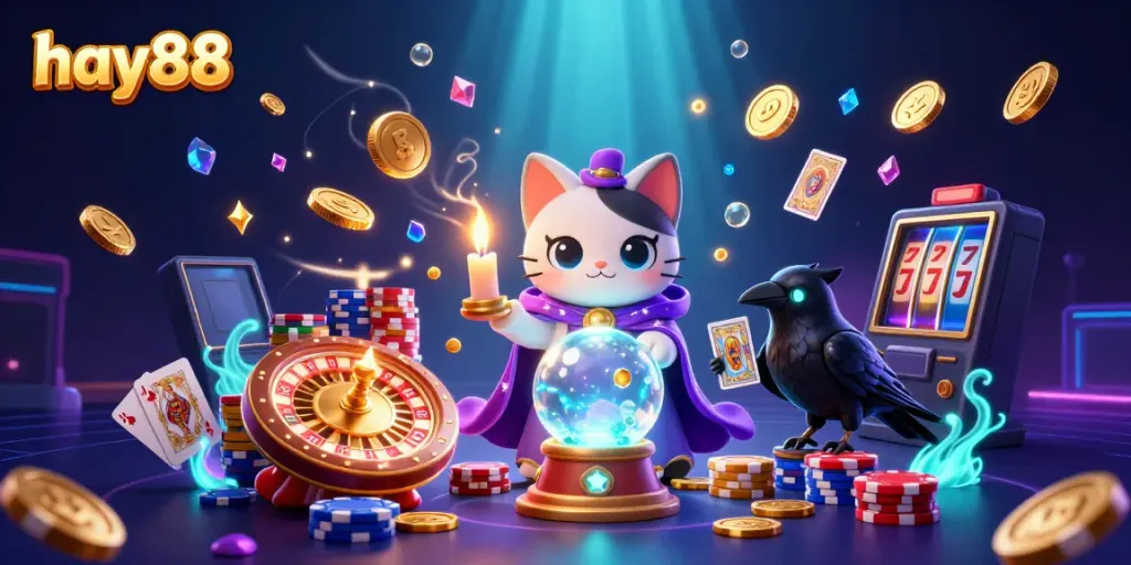 Engage in exciting gaming experiences with hay88 featuring vibrant casino characters and dynamic game elements.