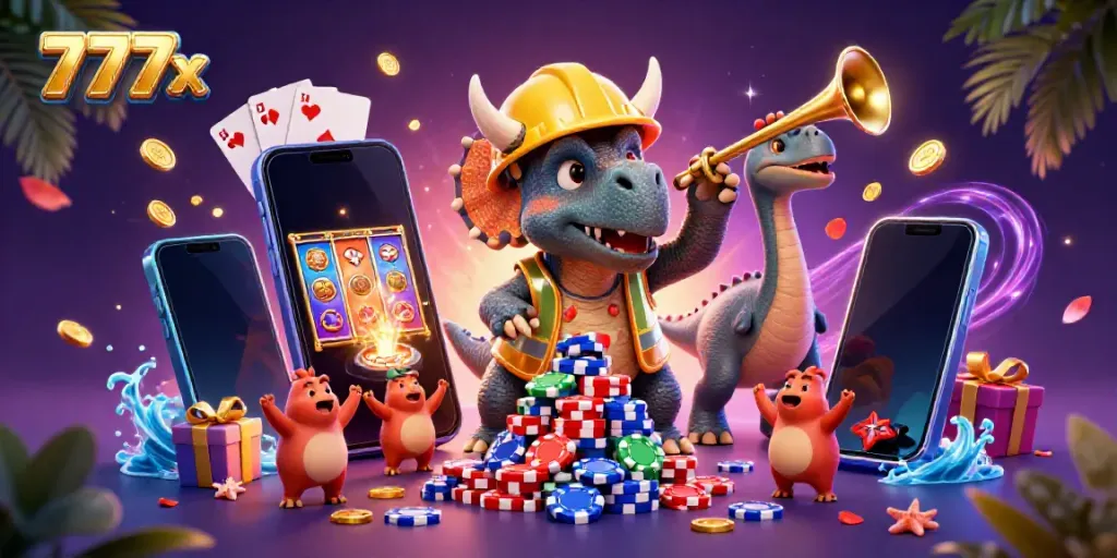 Engage with 777x through a vibrant casino scene featuring a triumphant triceratops and fun gaming elements.