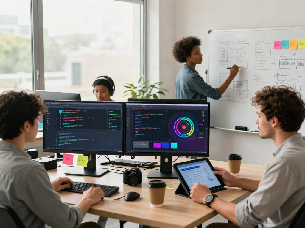 AI chat NSFW development team collaborating in a modern workspace.