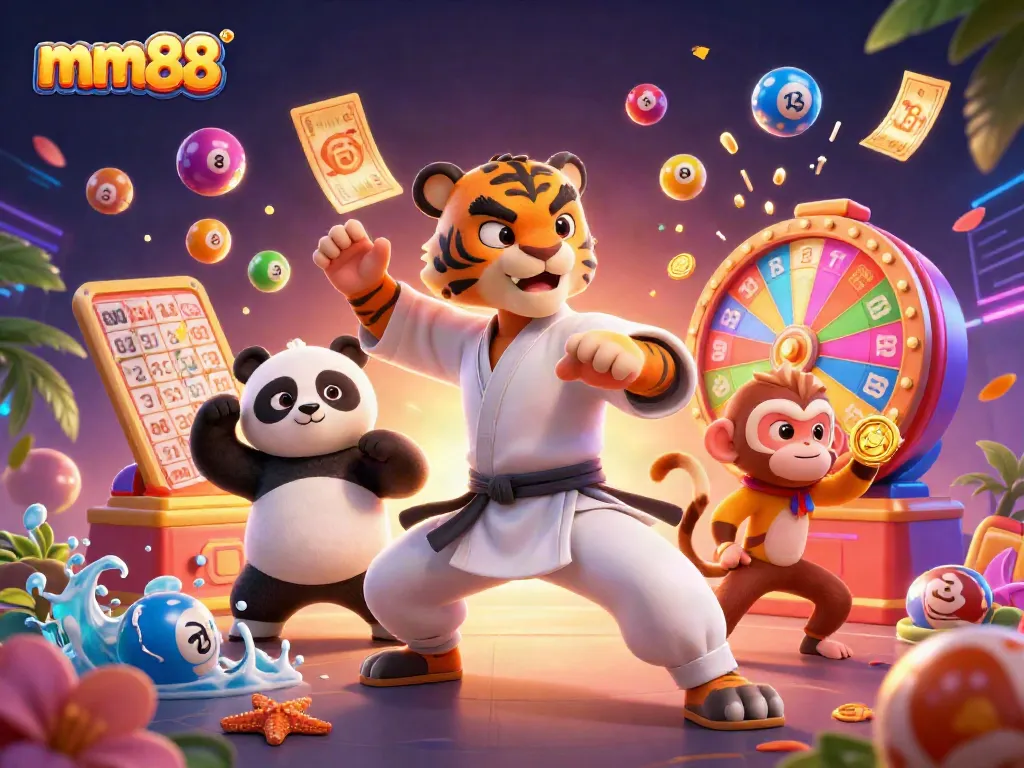Experience mm88 excitement with a vibrant 3D illustration of a master tiger and playful characters amidst lottery-themed elements.