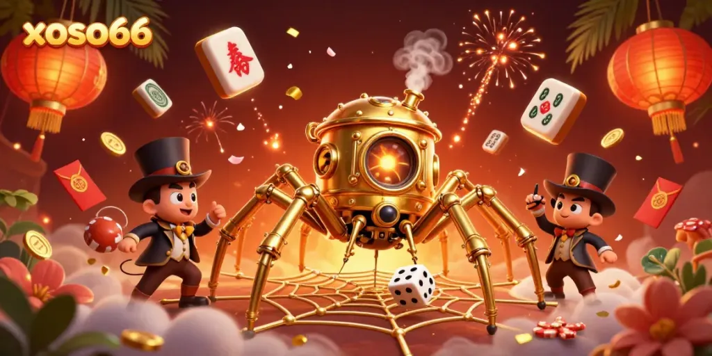Engage in the thrill of xoso66 with a steampunk spider and charming fly gentleman in a vibrant casino scene.