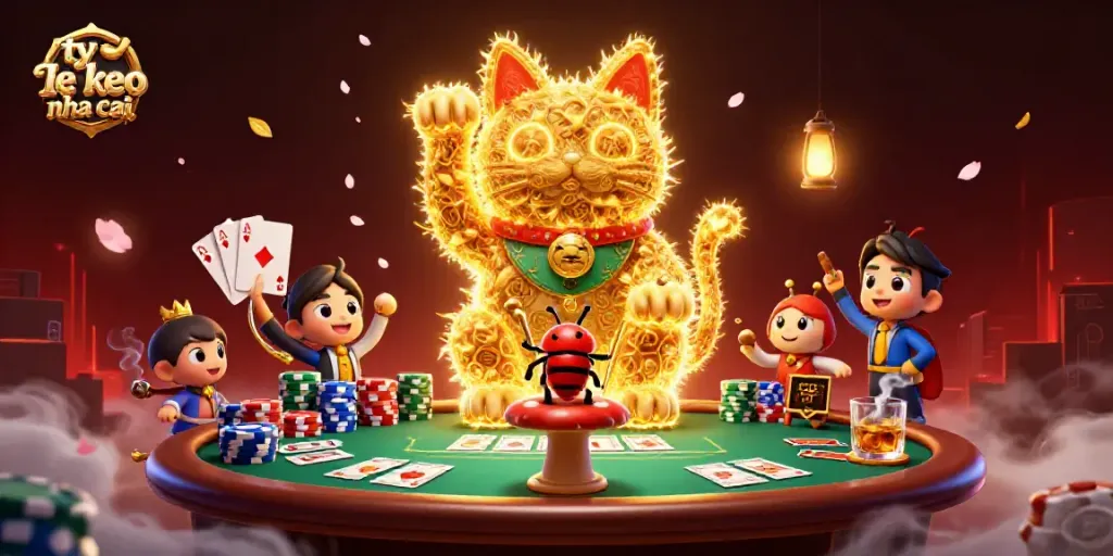 Engage with vibrant ty le keo nha cai content featuring a lucky cat amidst poker elements.