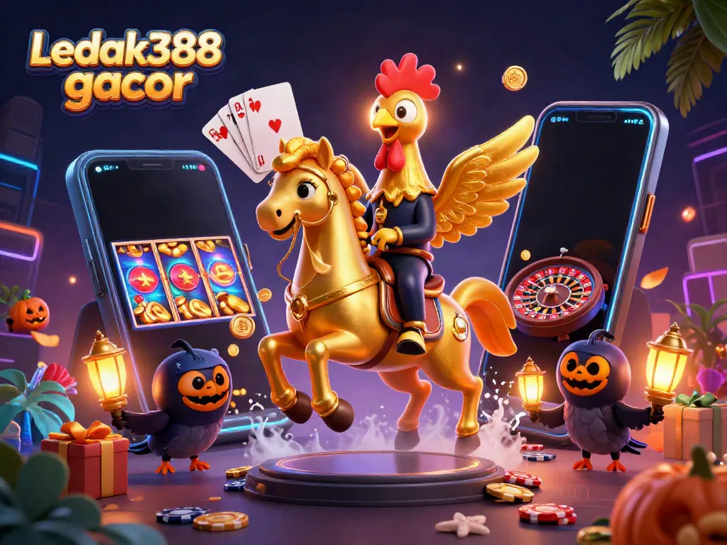 Engage with the variety of games at Ledak388 gacor featuring a golden rooster in a vibrant casino setting.