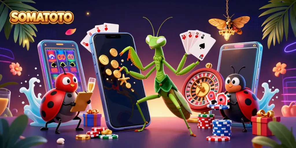 SOMATOTO showcases a bustling casino scene with a giant praying mantis card sharp and ladybug pit boss engaging players in a vibrant gambling atmosphere.