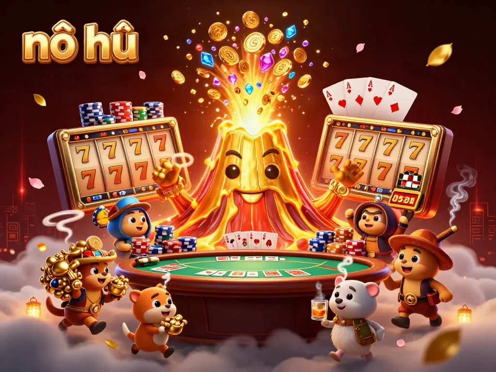 Play nổ hũ with dynamic visuals of a golden volcano and vibrant casino elements.