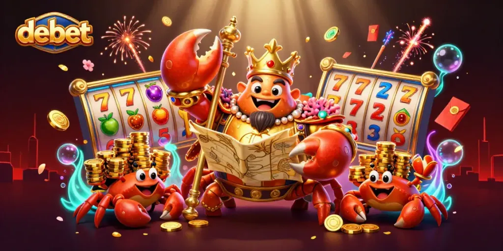 Engage with the thrilling atmosphere of debet with a dynamic illustration of a golden crab emperor and vibrant casino elements.