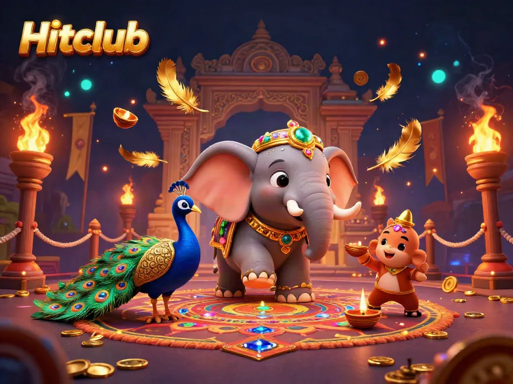 Engage with Hitclub's vibrant 3D casino scene featuring a colorful elephant and peacock amidst gambling elements.