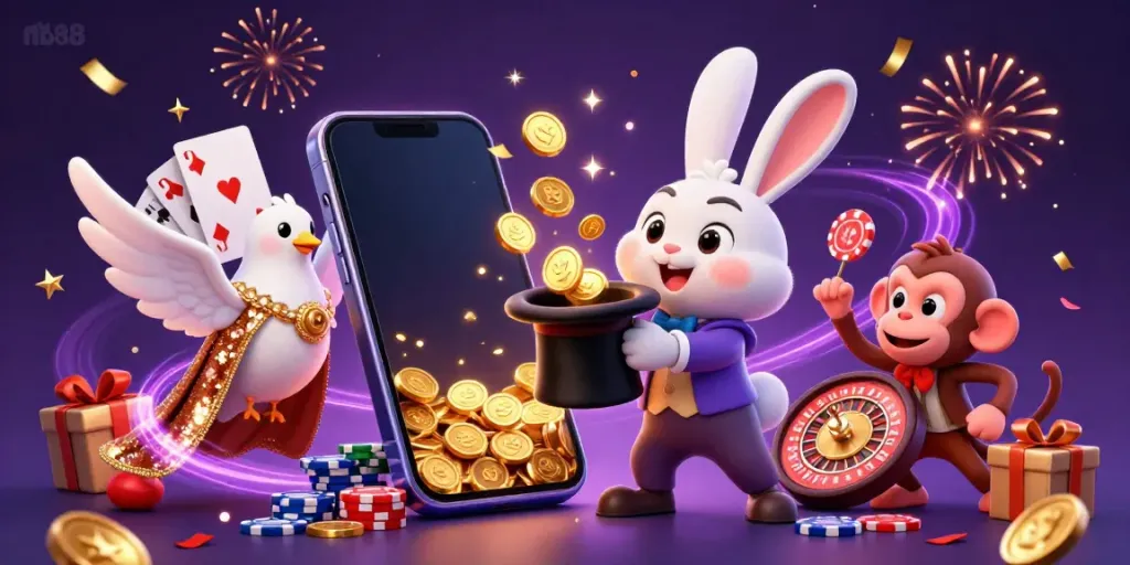 Experience the thrill of mb88 with a magician rabbit, dove, and monkey in a vibrant casino scene.