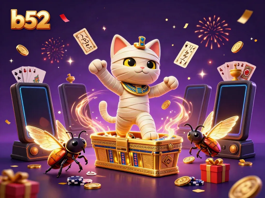 B52-themed casino illustration with a bursting Egyptian mummy cat and casino elements.