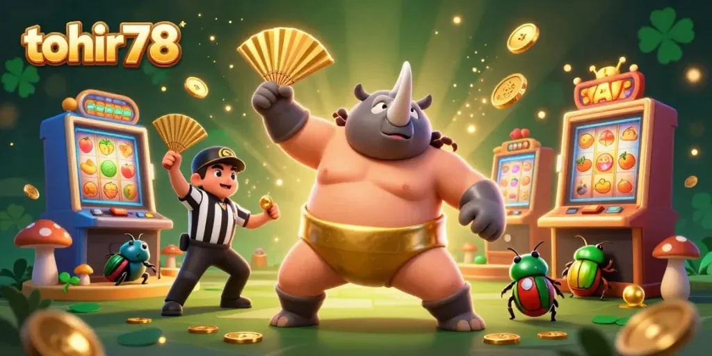 Experience excitement with tohir78 as a rhinoceros beetle sumo champion wins big in a vibrant casino.