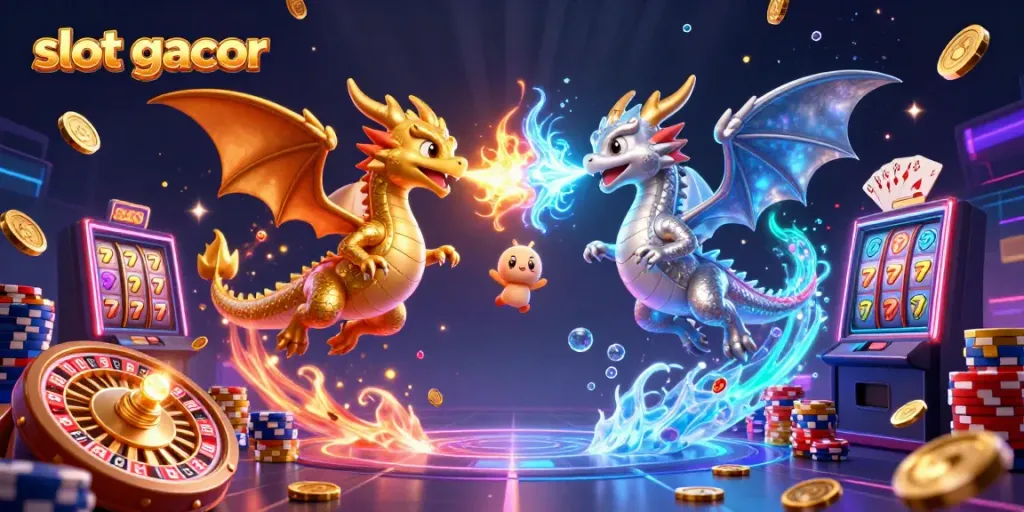 Menghasilkan pengalaman slot gacor dengan karakter naga 3D melawan, dikelilingi koin emas dan permainan slot.