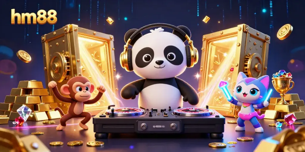 Engage in thrilling games at hm88's dynamic online casino with vibrant characters and dazzling treasures.