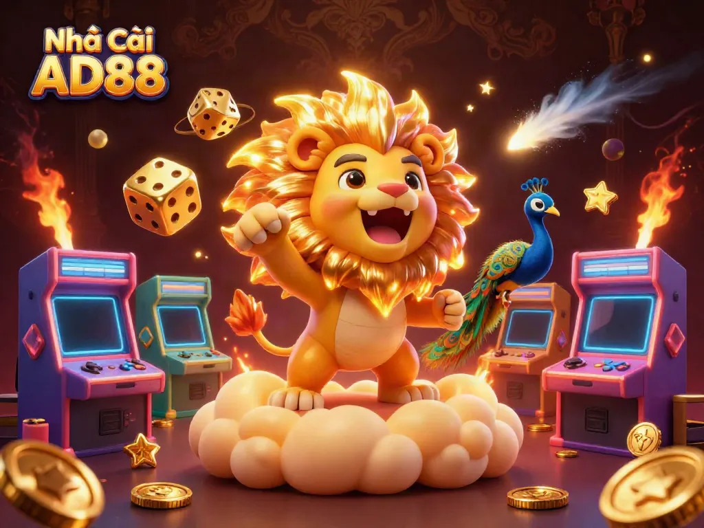 Experience the excitement of Nhà cái AD88 with a vibrant and dynamic 3D casino-themed illustration featuring iconic characters and gaming elements.