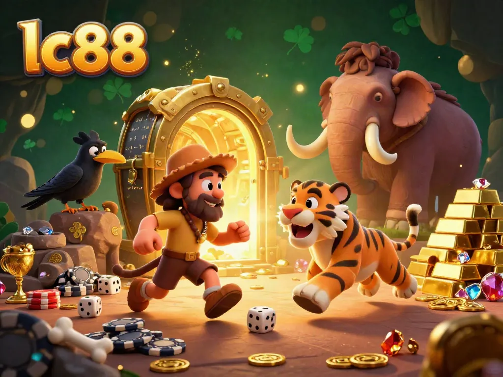 Experience lc88's vibrant prehistoric casino scene with energetic characters and hidden treasures.