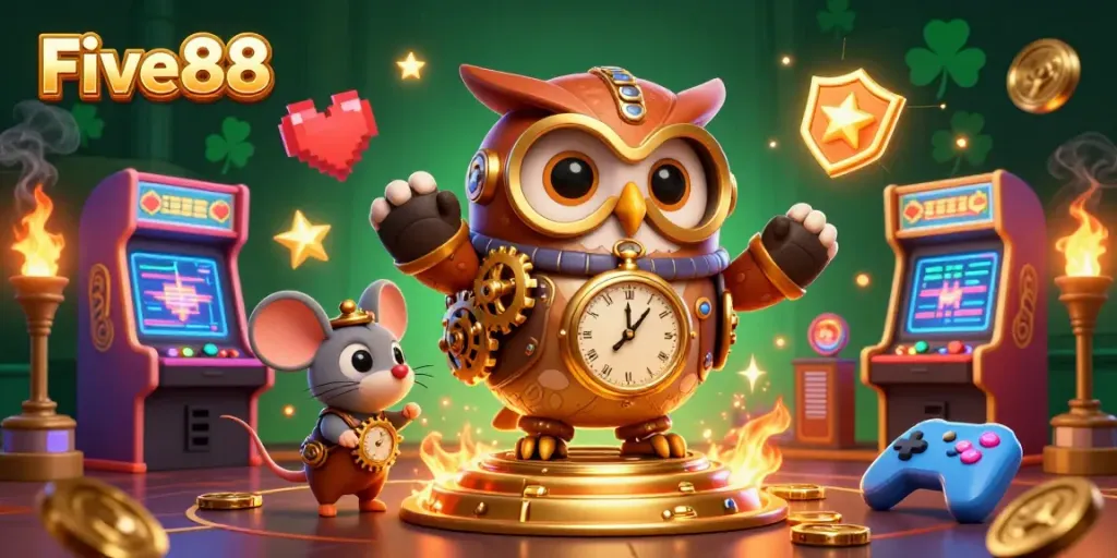 Engage with Five88's vibrant casino games featuring a steampunk owl and dynamic gaming elements.