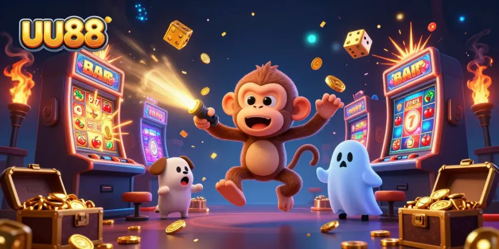 Experience thrilling fun at uu88 casino with a ghostly monkey juggling golden casino tokens and a puppy tracking it.