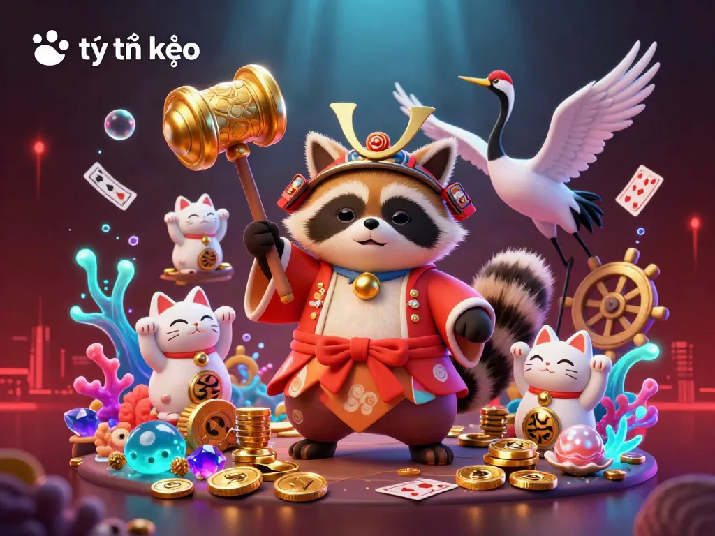 This vibrant scene showcases tỷ lệ kèo amongst playful tanuki, crane, and fortune cats in a lively beach treasure hunt.