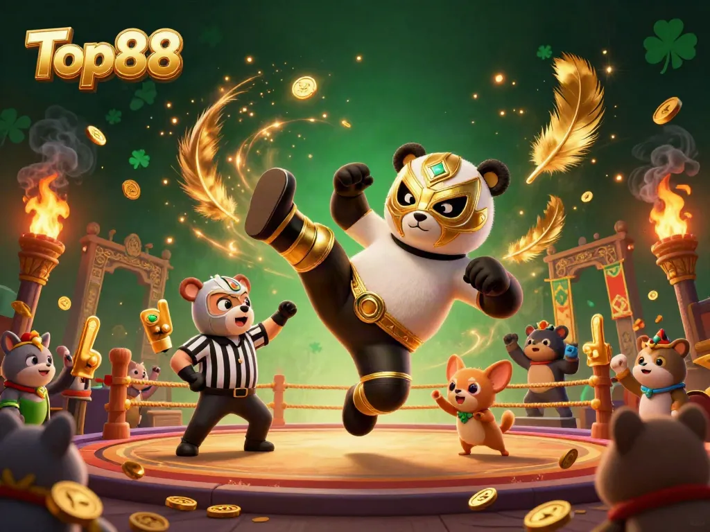 Top88 gaming arena illustration with a panda wrestler, chihuahua referee, and animal fans cheering.