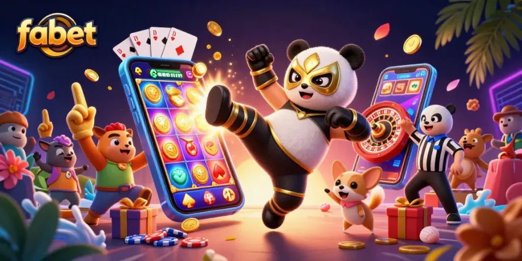 Engaging scene with fabet's colorful slot game as a panda wrestler performs amid cheering crowds and dynamic casino elements.