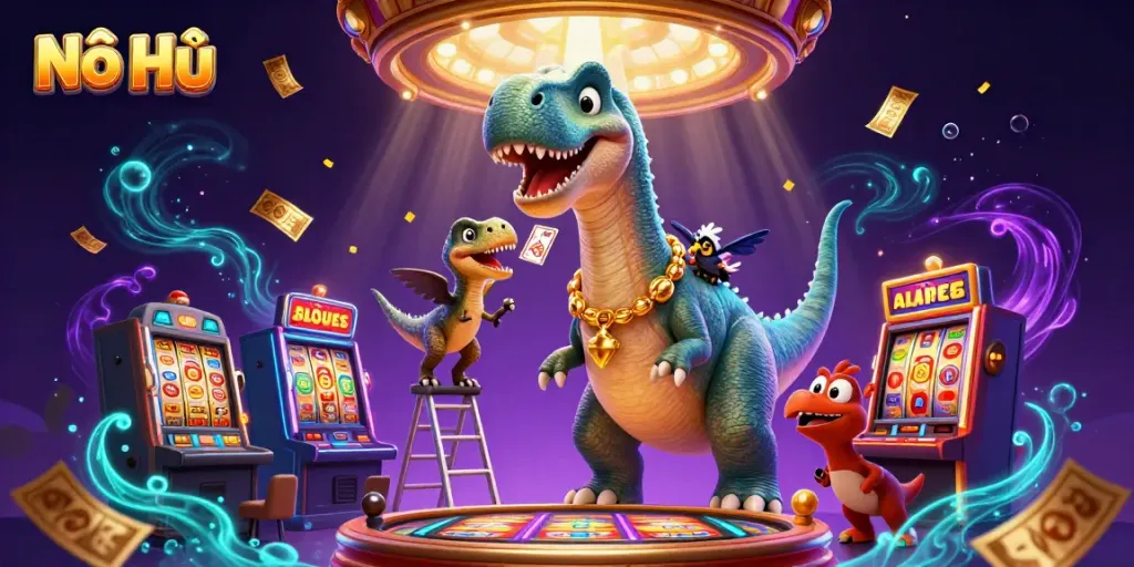 Nổ Hũ slots game featuring a giant cartoon brontosaurus and clever raptor dealing cards in a vibrant casino.