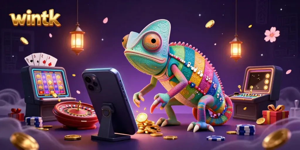 Experience the excitement of wintk with the chameleon casino owner capturing golden coins at a lively gaming scene.