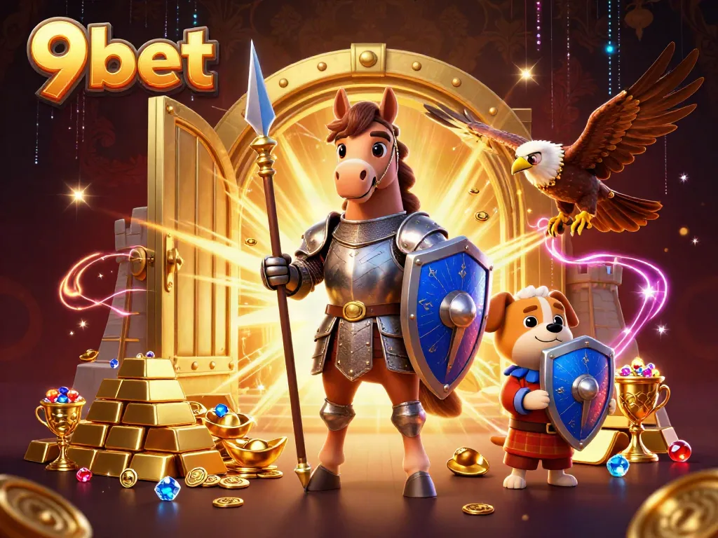 Experience the thrilling world of 9bet with a medieval knight and treasures in this lively casino scene.