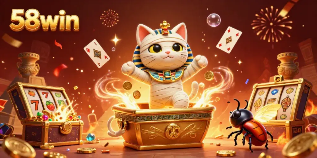 Experience thrilling action at 58win with a vibrant 3D casino illustration showcasing a mummy cat and gold coins.