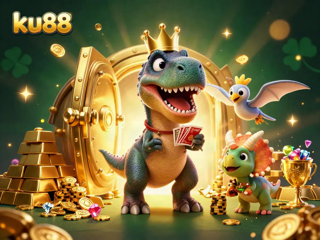 ku88 engages players with a whimsical 3D scene filled with casino excitement and dynamic characters.
