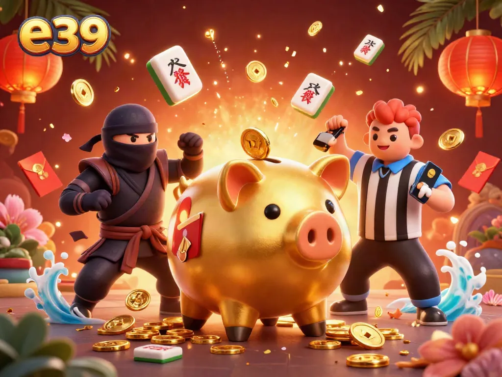 Experience the excitement of e39 with a dynamic casino scene featuring a golden piggy bank sumo wrestler and colorful elements.