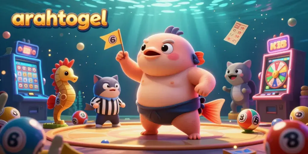 Experience thrilling lottery excitement with arahtogel's vibrant underwater illustration featuring fugu and bingo elements.