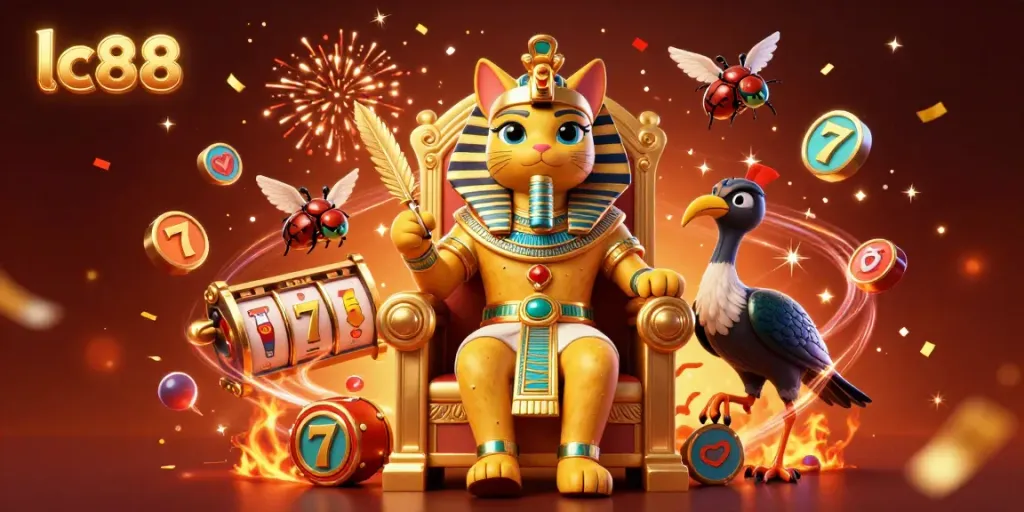 Experience thrilling action at lc88, with Egyptian pharaoh cat surrounded by vibrant casino elements.