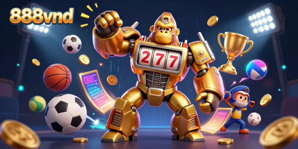 Engage with 888vnd's dynamic gaming experience featuring a golden gorilla mech and sports elements.