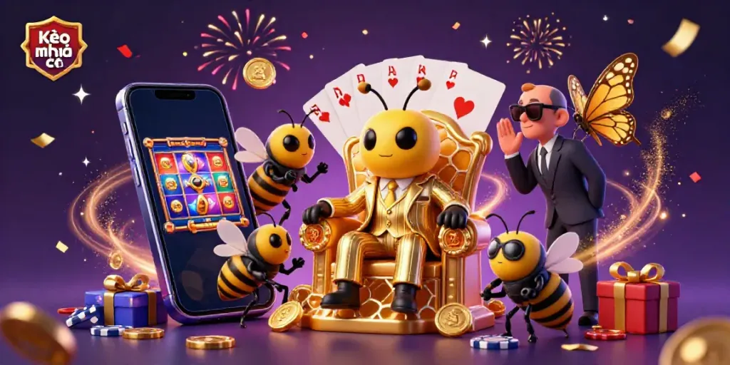 Experience Kèo nhà cái with a vibrant 3D illustration of a bumblebee mob boss and casino elements.