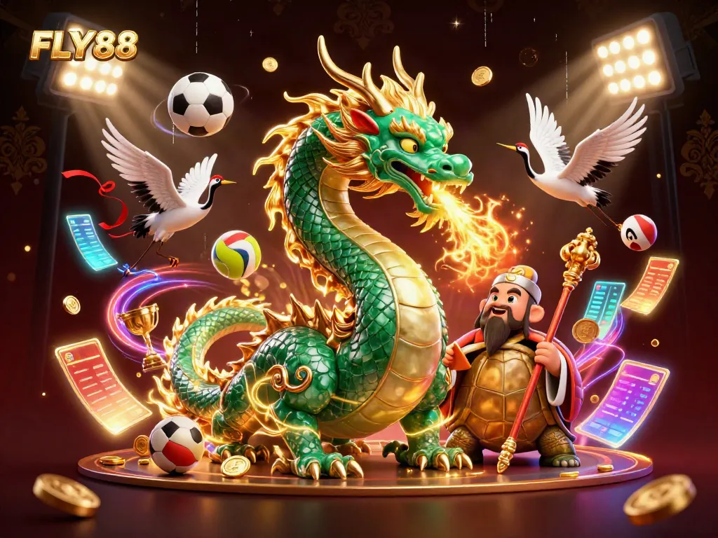 Experience thrilling casino adventures with FLY88 through this dynamic illustration featuring iconic gaming elements.