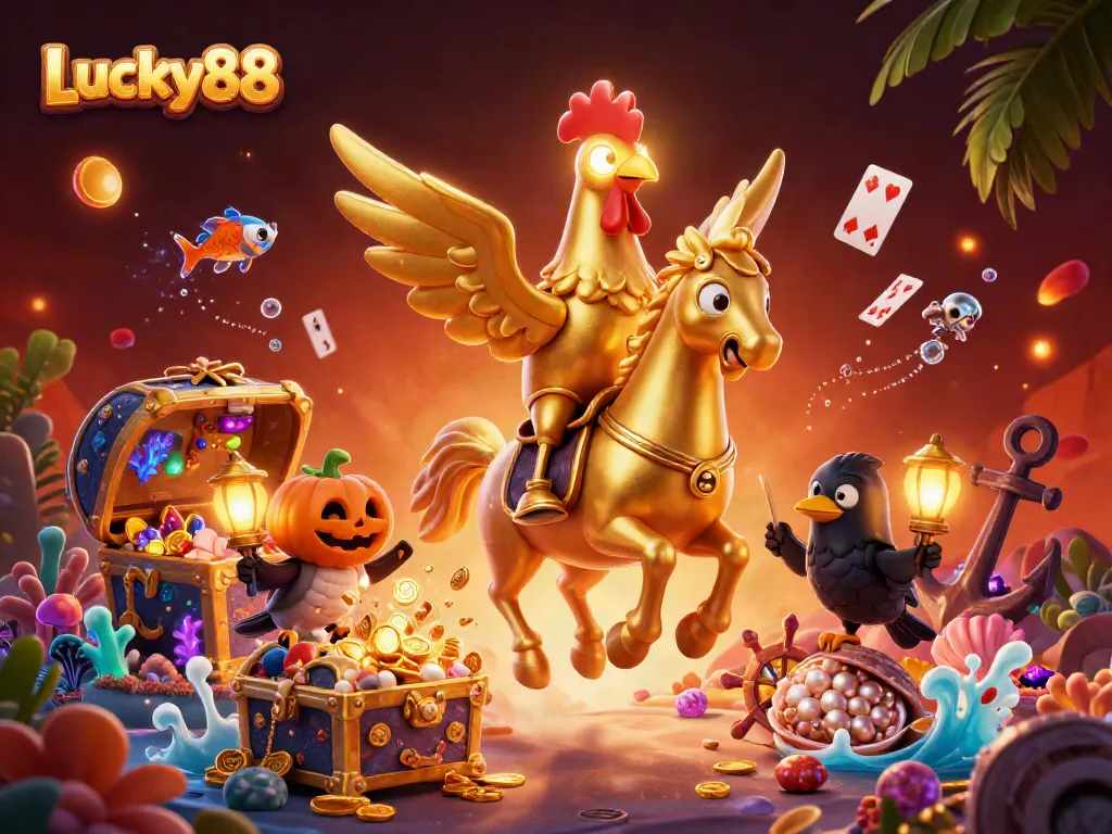 Experience the excitement at Lucky88 with a rich casino scene featuring a golden rooster and lantern-carrying crows.