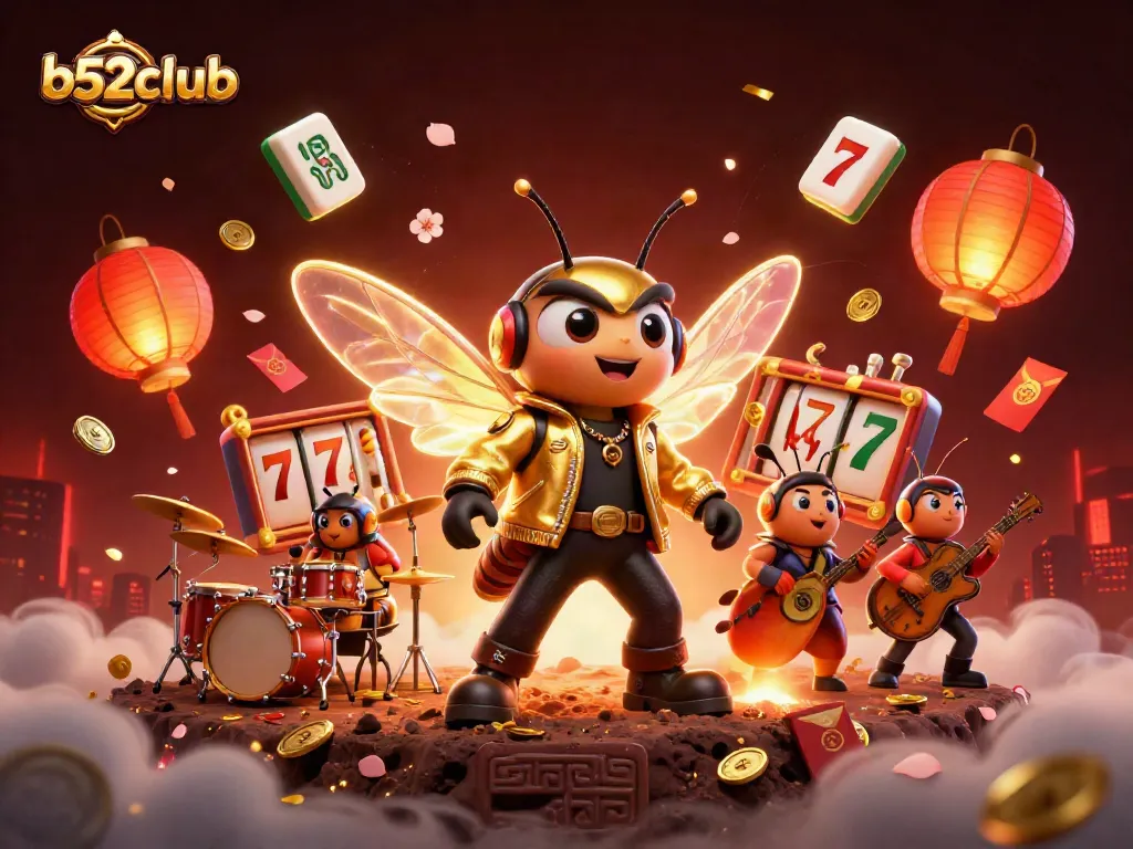 b52club brings excitement with a rock star cicada, vibrant slot reels, and enchanting casino elements.
