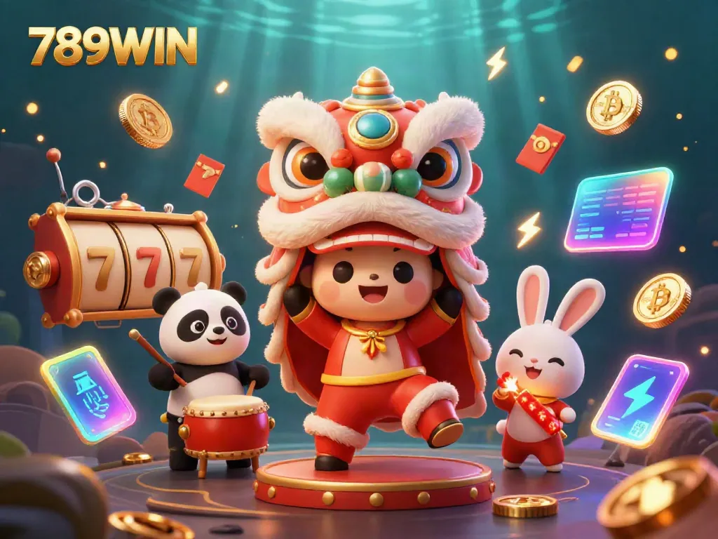 Engage with 789WIN in a lively casino scene featuring lion dancers and Bitcoin coins.
