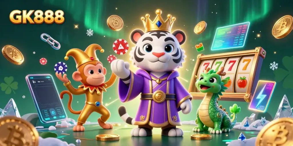 Experience thrilling gambling action with GK888 in a vibrant 3D casino scene featuring energetic characters.