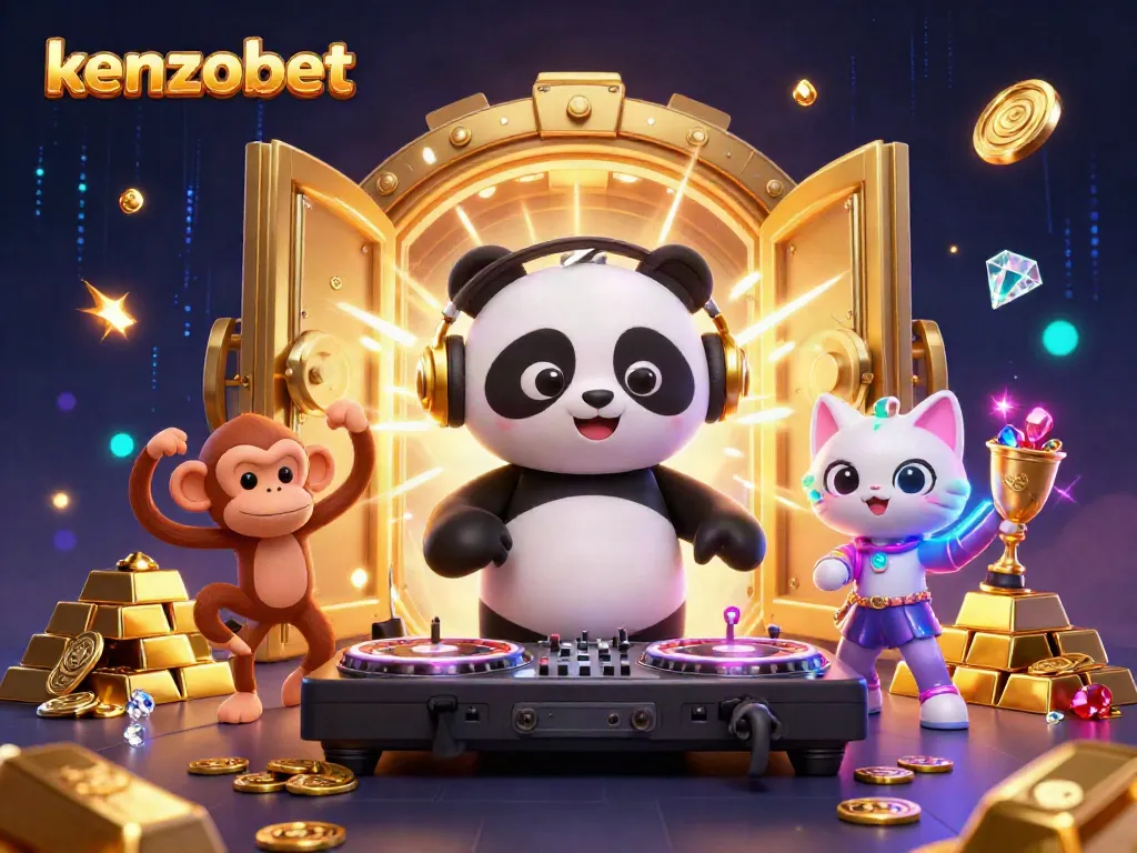 Experience Kenzobet's vibrant casino atmosphere with a DJ panda, breakdancing monkey, and glow-stick kitten.