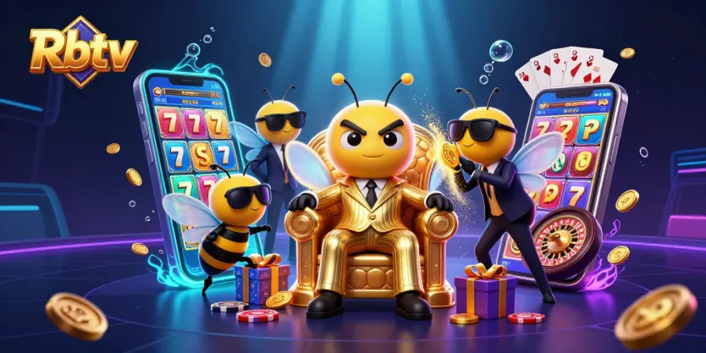 Menghadirkan Rbtv dengan animasi kasino dan elemen slot berkilau dalam ilustrasi 3D yang rinci.