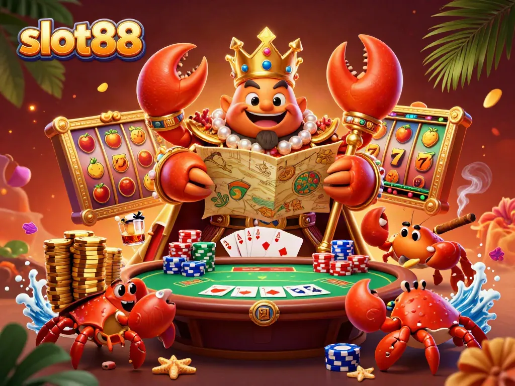 Menggenggam kemenangan dengan slot88, kepiting emas besar dan cangkang kreatif yang dikelilingi elemen perjudian mengesankan.