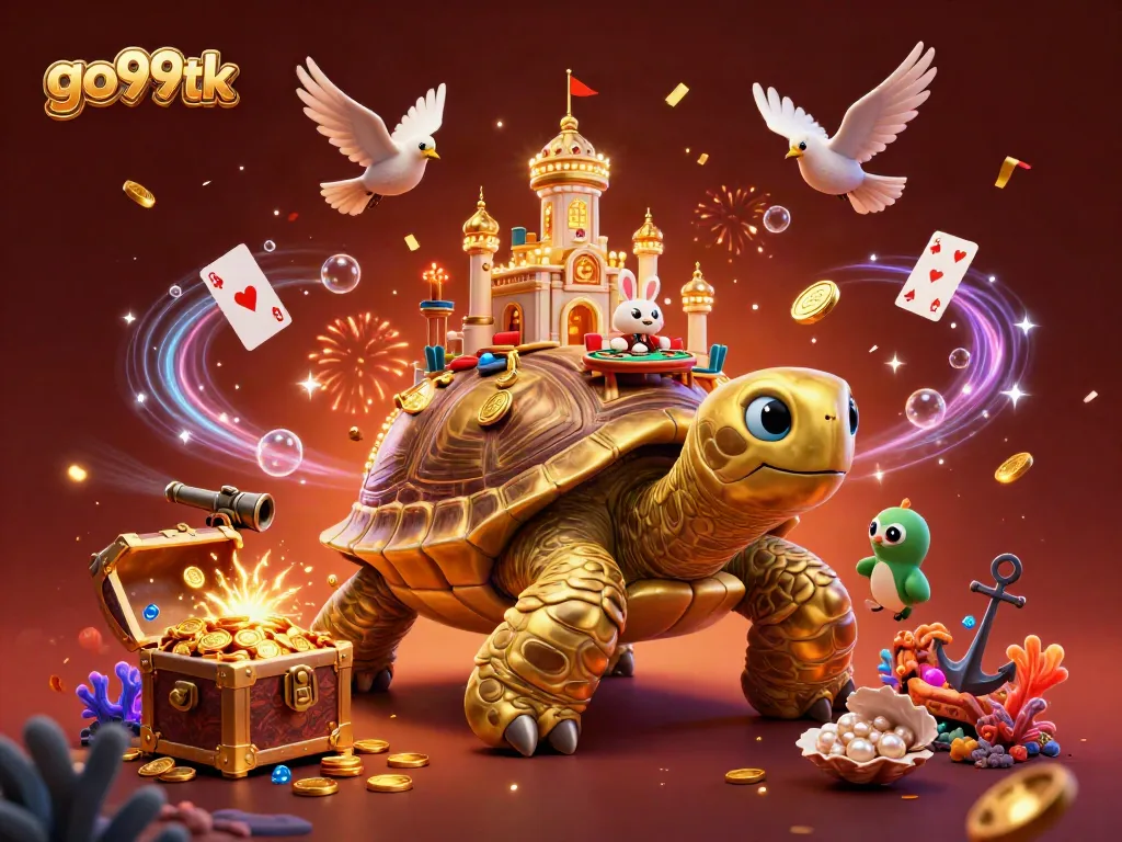 Experience the vibrant world of go99tk with its dazzling casino scene featuring a golden tortoise and rabbit dealer.